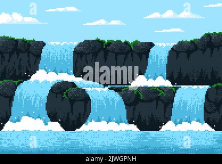 8 bit pixel game waterfall cascade landscape, video arcade vector background. 8bit pixel art water fall with splashes from mountain rock or volcano island, for game level and cartoon interface Stock Vector