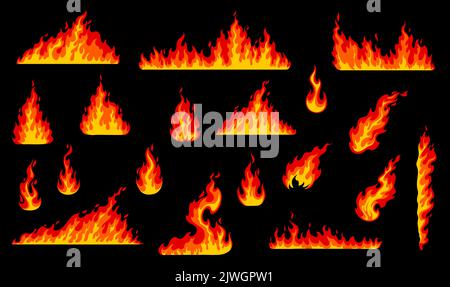 Cartoon isolated fire flame. Forest wildfire, fireplace fire flames, burning woods and hell blaze vector borders set. Campfire, flammable danger and natural disaster isolated fire flames set Stock Vector