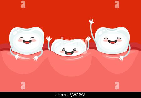Teeth grow funny characters, tooth in dental gum, dentistry. Cartoon baby milk tooth growing or kids first teeth happy vector characters, dentist poster for mouth care and orthodontics Stock Vector