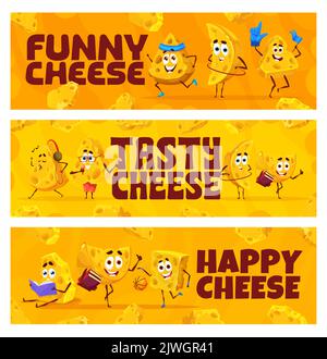 Cartoon gouda and maasdam cheese characters. Vector banners of happy tasty personages, yellow slices of dairy product sports activities, listen music, education, reading books or playing basketball Stock Vector