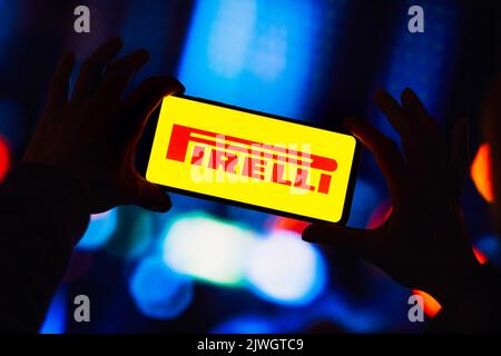 In this photo illustration, the Pirelli logo is displayed on a smartphone screen. Stock Photo