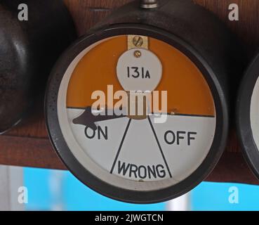 131a Signalbox indicator dashboard - ON OFF WRONG , at Crewe, Cheshire, England, UK, CW1 2DB Stock Photo