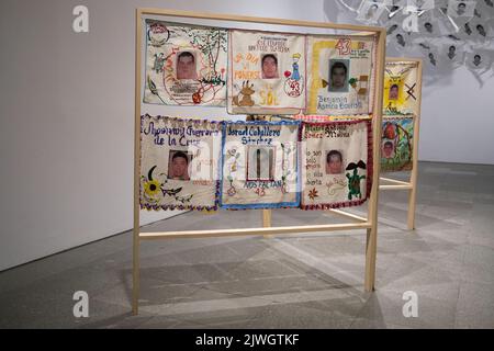 (Editor's Note: Editorial Use Only)  An installation of 'Embroidered by Ayotzinapa' seen at the exhibition 'Giro grafico. Como en el muro la hiedra', at the Reina Sofia Museum. This exhibition was carried out by the Network of Conceptualisms of the South, makes a tour of graphic initiatives from the 1960s to the present on politically oppressive contexts of urgencies in Latin America. Graphic spin. As on the wall, the ivy is the result of a long process of collective research carried out by the Red de Conceptualismos del Sur in collaboration with the Reina Sofía Museum. The exhibition proposes Stock Photo