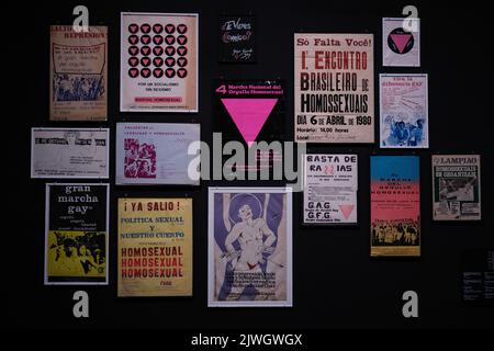 (Editor's Note: Editorial Use Only) Several posters of 'graphic posters' are displayed during the exhibition 'Giro grafico. Como en el muro la hiedra', at the Reina Sofia Museum. This exhibition was carried out by the Network of Conceptualisms of the South, makes a tour of graphic initiatives from the 1960s to the present on politically oppressive contexts of urgencies in Latin America. Graphic spin. As on the wall, the ivy is the result of a long process of collective research carried out by the Red de Conceptualismos del Sur in collaboration with the Reina Sofía Museum. The exhibition propo Stock Photo