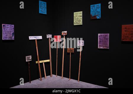 Madrid, Spain. 5th Sep, 2022. (Editor's Note: Editorial Use Only) .An installation and several posters of ''Untitled paintings and banners'' seen during the exhibition 'Giro grafico. Como en el muro la hiedra', at the Reina Sofia Museum. This exhibition was carried out by the Network of Conceptualisms of the South, makes a tour of graphic initiatives from the 1960s to the present on politically oppressive contexts of urgencies in Latin America.Graphic spin. As on the wall, the ivy is the result of a long process of collective research carried out by the Red de Conceptualismos del Sur in Stock Photo