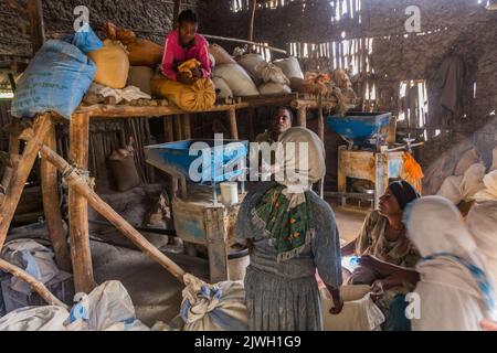 LALIBELA, ETHIOPIA - MARCH 29, 2019: Interior of a flour mill in Lalibela village, Ethiopia Stock Photo