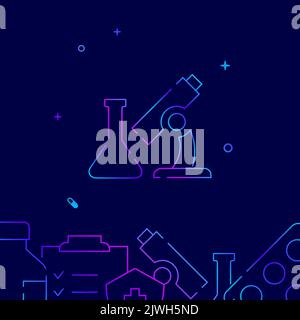 Microscope, analyzes gradient line vector icon, simple illustration on a dark blue background, medicine related bottom border. Stock Vector