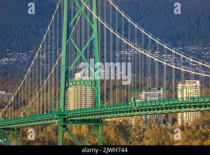 Lions Gate Bridge in summer day, Vancouver, BC, Canada. View of Lions Gate Bridge from Stanley Park. Built in the 1930s, Vancouver's Lions Gate Bridge Stock Photo