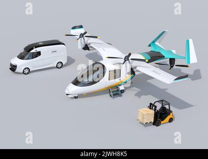 Electric VTOL cargo delivery aircraft , van and forklift on gray background. Smart logistics concept. 3D rendering image. Stock Photo