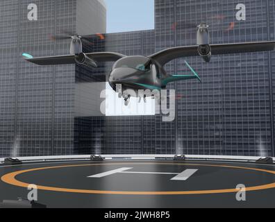 Electric VTOL passenger aircraft taking off from helipad. Urban Passenger Mobility concept. 3D rendering image. Stock Photo