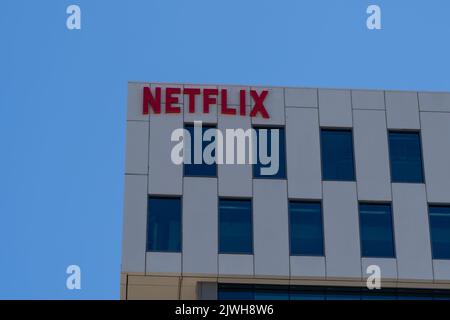 Los Angeles, Ca, USA - July 6, 2022: Netflix sign on its Los Angeles Headquarters building. Stock Photo