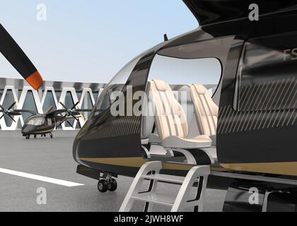 Electric VTOL passenger aircrafts in airport. Urban Passenger Mobility concept. 3D rendering image. Stock Photo