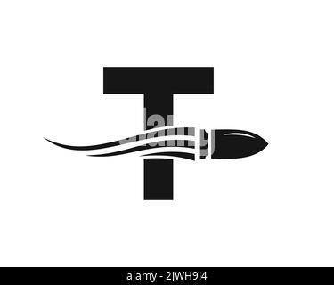 Initial Letter T Shooting Bullet Logo With Concept Weapon For Safety and Protection Symbol Stock Vector