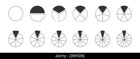 Set of circles segmented into sections from 1 to 12 with one separated painted fragment. Donut charts, pie or pizza shapes cut in equal slices isolated on white background. Vector outline illustration Stock Vector