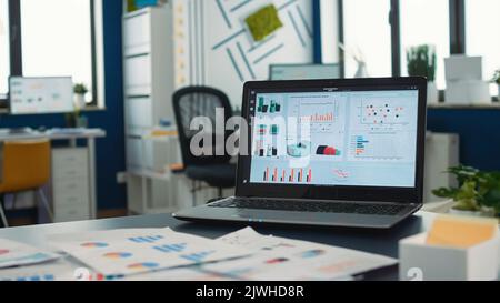 Empty startup office with multiple computer screens displaying financial statistics and closeup on laptop with moving charts on desk. Selective focus on portable computer with business erp software. Stock Photo