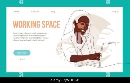 Coworking Space Landing Page Flat Cartoon Template. Freelancers Team Working Online on Laptop. Business People Sharing Open Workspace. Outline Vector Illustration Stock Vector