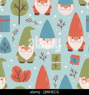 Winter gnomes gift tree seamless pattern vector Stock Vector