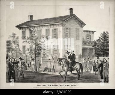 An ebgraving of Abraham Lincoln, outside his home in Springfield Illinois riding his beloved horse Old Robin Stock Photo