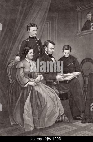 An engraving President Abraham Lincoln at home: reading the scriptures to his wife and son s Robert and Thomas (known as Tad or Thaddeus). Only Robert Lincoln would surbive to become and adult. Tad died at 18 (poosibly from TB) and William died at 12 from typhoid fever. Stock Photo