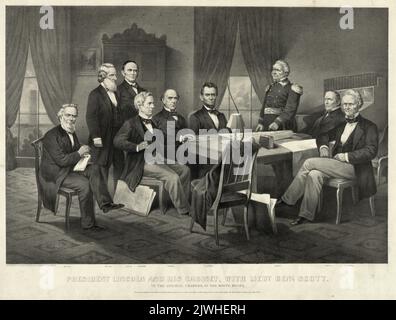President Lincoln and his cabinet, with Lieutenant  General Winfield Scott who was the commander of the American army at the start of the Civil War. Stock Photo