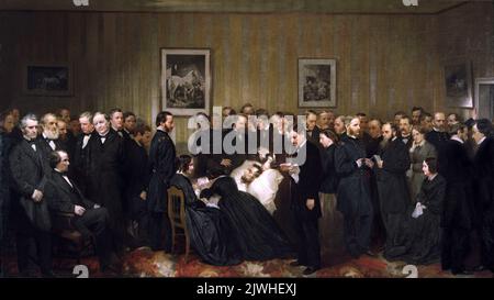 The Last Hours of Abraham Lincoln, designed by John B. Bachelder and painted by Alonzo Chappel (1868), depicting together those who visited the dying president throughout the night and early morning of April 14–15, 1865. Stock Photo