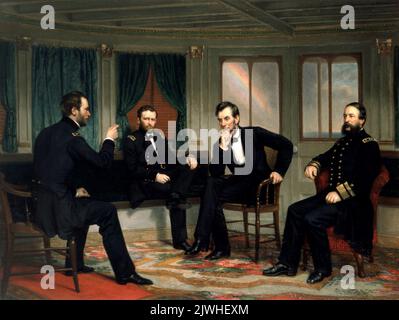 President Lincoln (center right) with, from left, Generals Sherman and Grant and Admiral Porter – 1868 painting of the meeting aboard the River Queen in March 1865. This meeting, which took place towards the end of the war, was important as the president and his three military leaders discussed the solutions to end ing the war face-to-face. Stock Photo