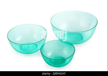 Set empty transparent turquoise plastic bowl isolated Stock Photo
