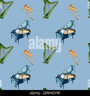 Piano, violin and harp watercolor seamless pattern on blue. Illustration of classical string musical instruments hand drawn. Design element for textbo Stock Photo
