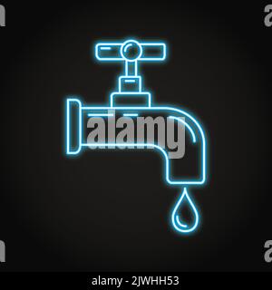 Neon water tap icon in line style. Leaking faucet with liquid drop. Water economy symbol. Vector illustration. Stock Vector