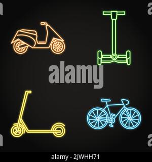 Eco transport neon icon set in line style. Vector illustration. Stock Vector