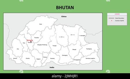 Bhutan Map. State and district map of Bhutan. Administrative map of Bhutan with district and capital in white color. Stock Vector
