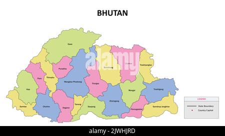 Bhutan Map. State and district map of Bhutan. Detailed colorful map of Bhutan. Stock Vector