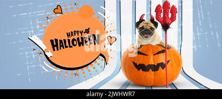 Advertising banner for Halloween party with funny pug dog and pumpkin Stock Photo