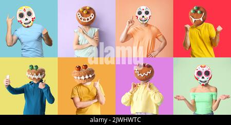 Many people with funny monster cookies instead of their heads on color background. Halloween celebration Stock Photo