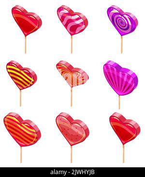 Set of Candy Sugar Heart Lollypops Isometric. Sweet food icon cartoon style Stock Vector