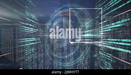 Image of round scanner and data processing over multiple screens of mosaic squares Stock Photo