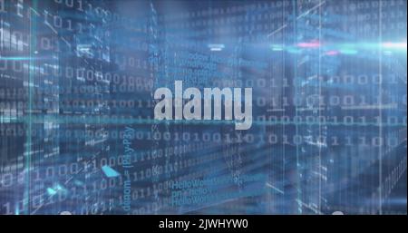 Image of binary coding data processing over screens of mosaic squares against blue background Stock Photo