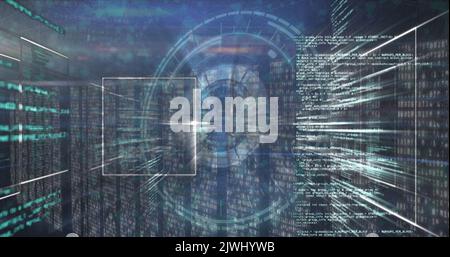 Image of round scanner and data processing over multiple screens of mosaic squares Stock Photo