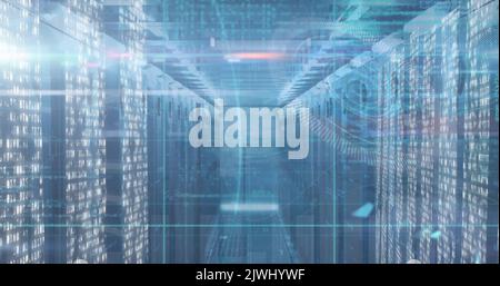 Image of lights, data processing and 5g over servers Stock Photo