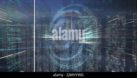 Image of round scanner and data processing over multiple screens of mosaic squares Stock Photo