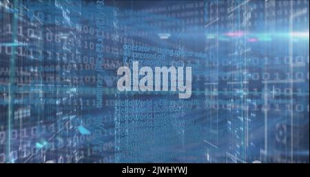 Image of binary coding data processing over screens of mosaic squares against blue background Stock Photo