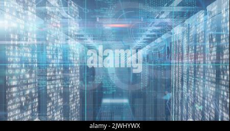 Image of lights, data processing and 5g over servers Stock Photo