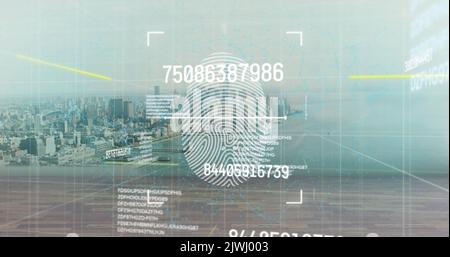 Image of data processing and fingerprint over cityscape Stock Photo