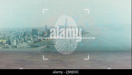 Image of data processing and fingerprint over cityscape Stock Photo