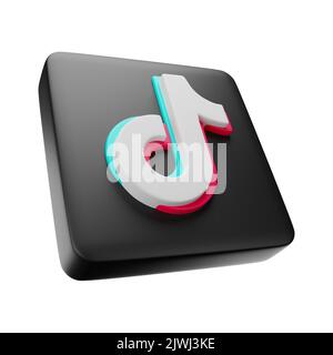 Phitsanulok , Thailand - SEPTEMBER 06, 2022 : Tiktok 3D square icon on isolated white background . Embedded clipping paths . 3D rendering . Stock Photo