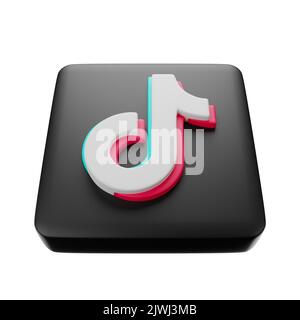 Phitsanulok , Thailand - SEPTEMBER 06, 2022 : Tiktok 3D square icon on isolated white background . Embedded clipping paths . 3D rendering . Stock Photo