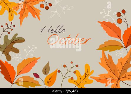 autumn background with text hello october and autumn leaves with berries Stock Vector