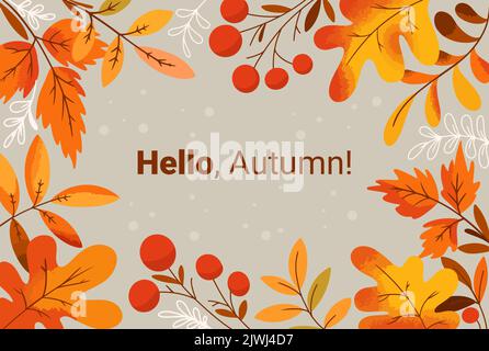 inscription hello autumn autumn background of leaves and berries Stock Vector