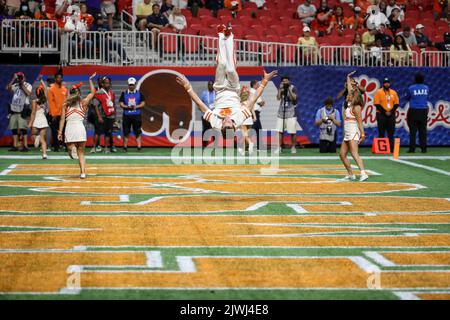 Atlanta, GA - SEPTEMBER 05: Clemson Tigers cheerleader flips after a touchdown during the Chick-Fil-A Kickoff Game between Clemson vs Georgia Tech game on Monday September 5, 2022 in Atlanta, GA. (Jevone Moore/Image of Sport) Stock Photo