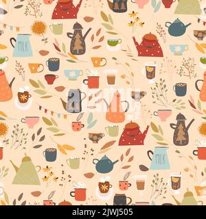 Seamless Pattern with Different Cups, Kettles and Autumn Color Leaves Stock Vector